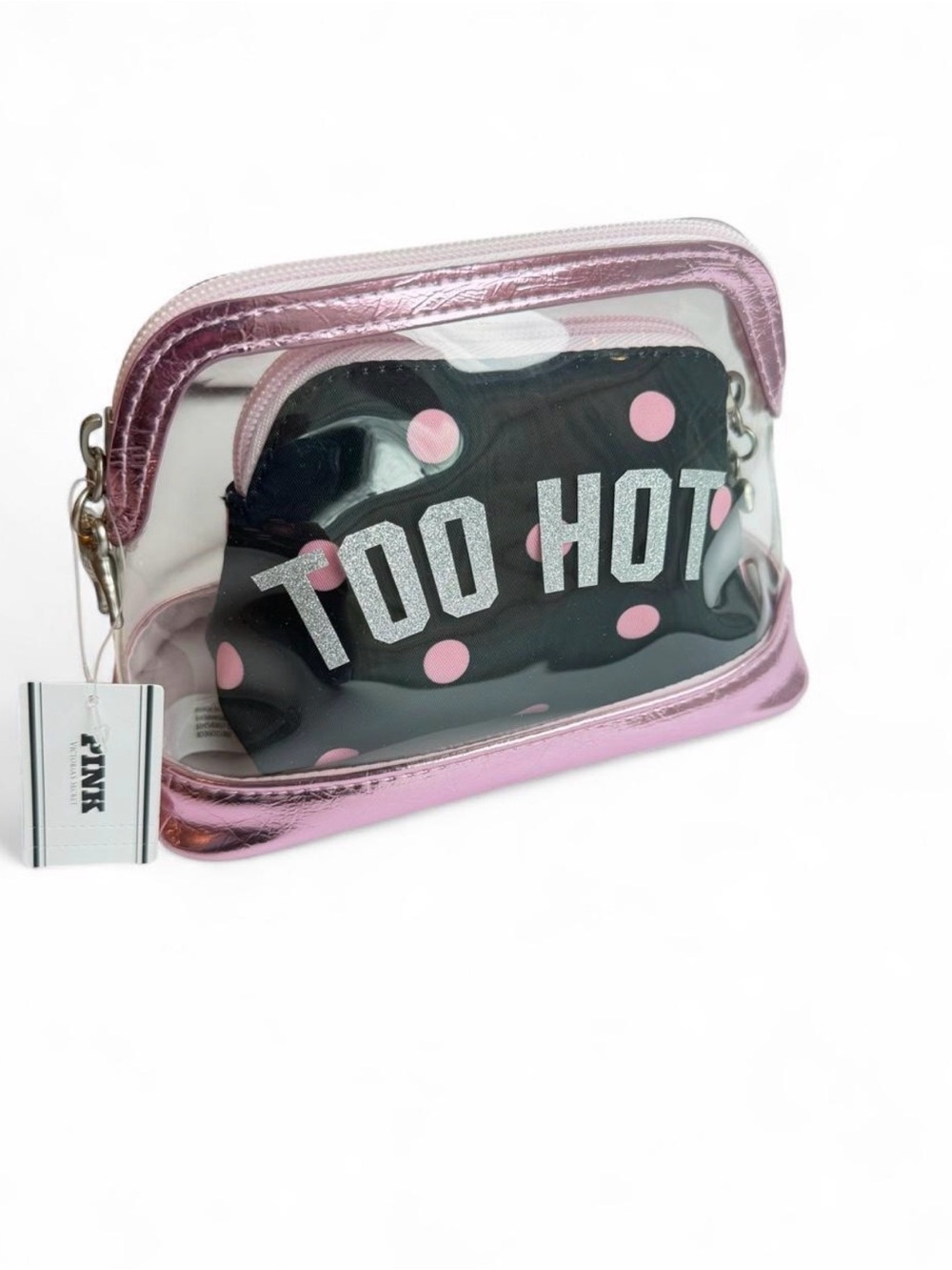 Pink Victoria's Secret Too Hot Set of 2 Clear Pouch and Pink polka dots